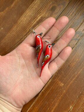 Pair Earrings Handmade Handpainted Wood Carved Red Birds